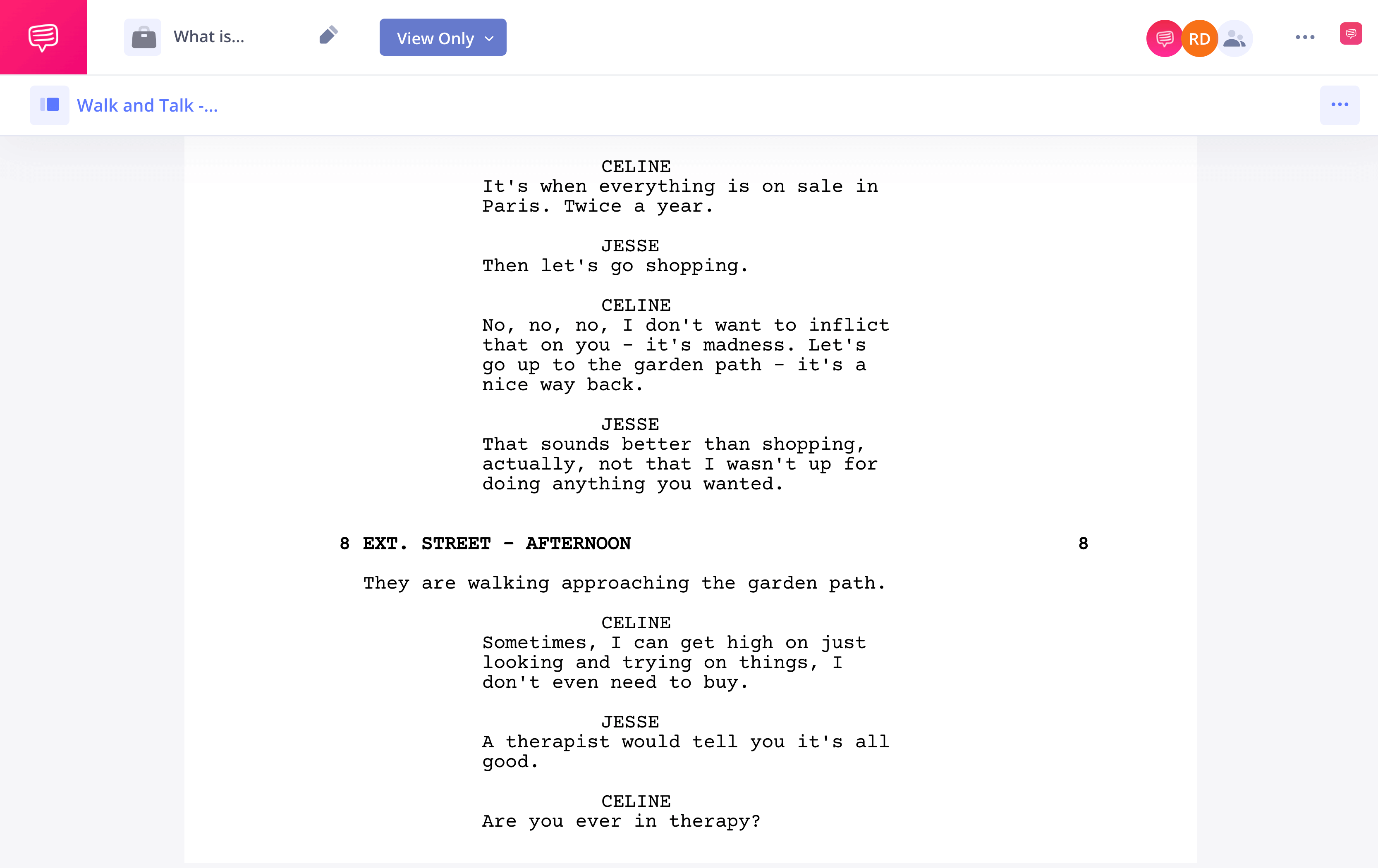 What is Walk and Talk Using Scene Heading Before Sunset Script StudioBinder Screenwriting Software